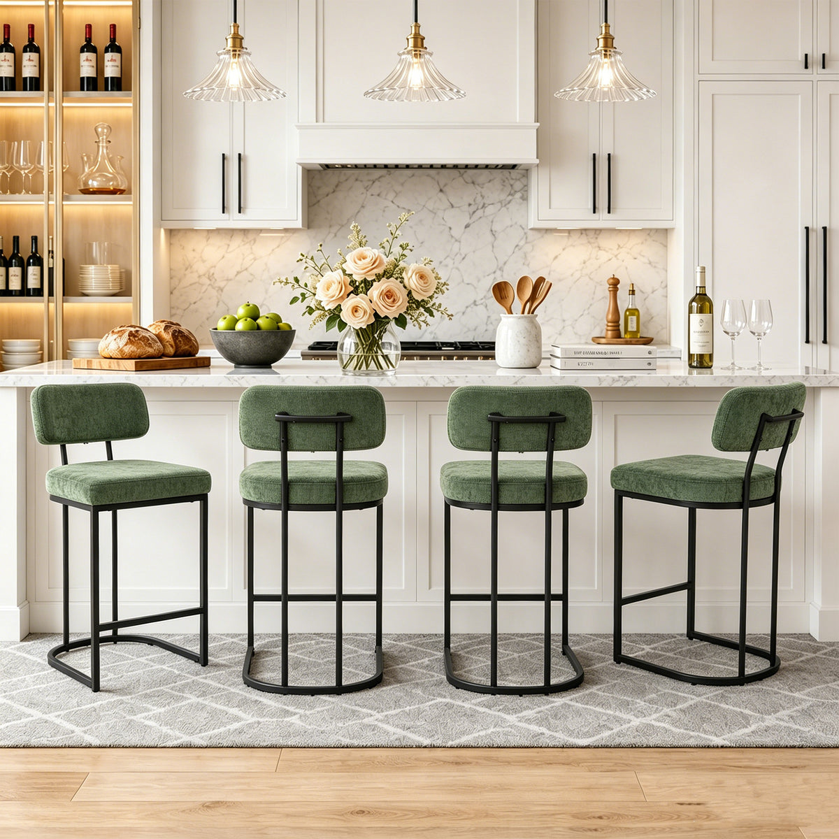 CRERIYO Counter Height Bar Stool Set of 1, Upholstered Kitchen Island Chair with Thick Padded Seats, Backrests and Sturdy Metal Frame