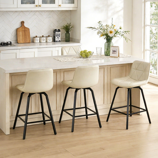 ClinQ 26 inch Swivel Counter Height Bar Stool Set of 3, Faux Leather Seat with Metal Legs and Back