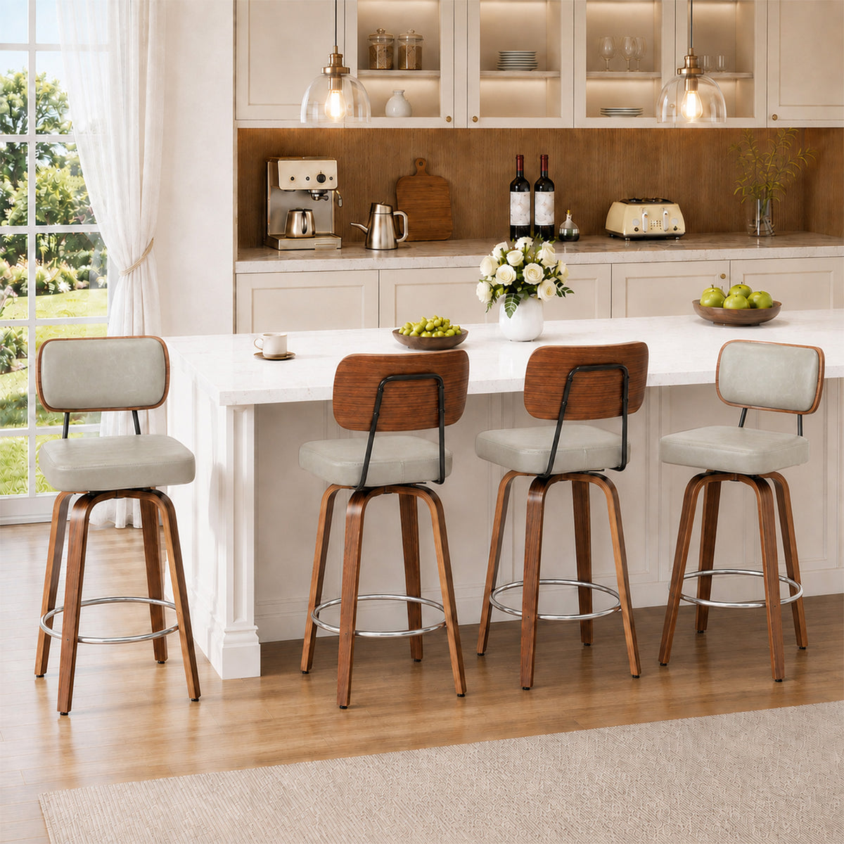 CRERIYO 360° Swivel Counter Height Bar Stools Set of 2, PU Leather Upholstered Bar Chairs with Bentwood Legs and Backrest for Kitchen Island, White