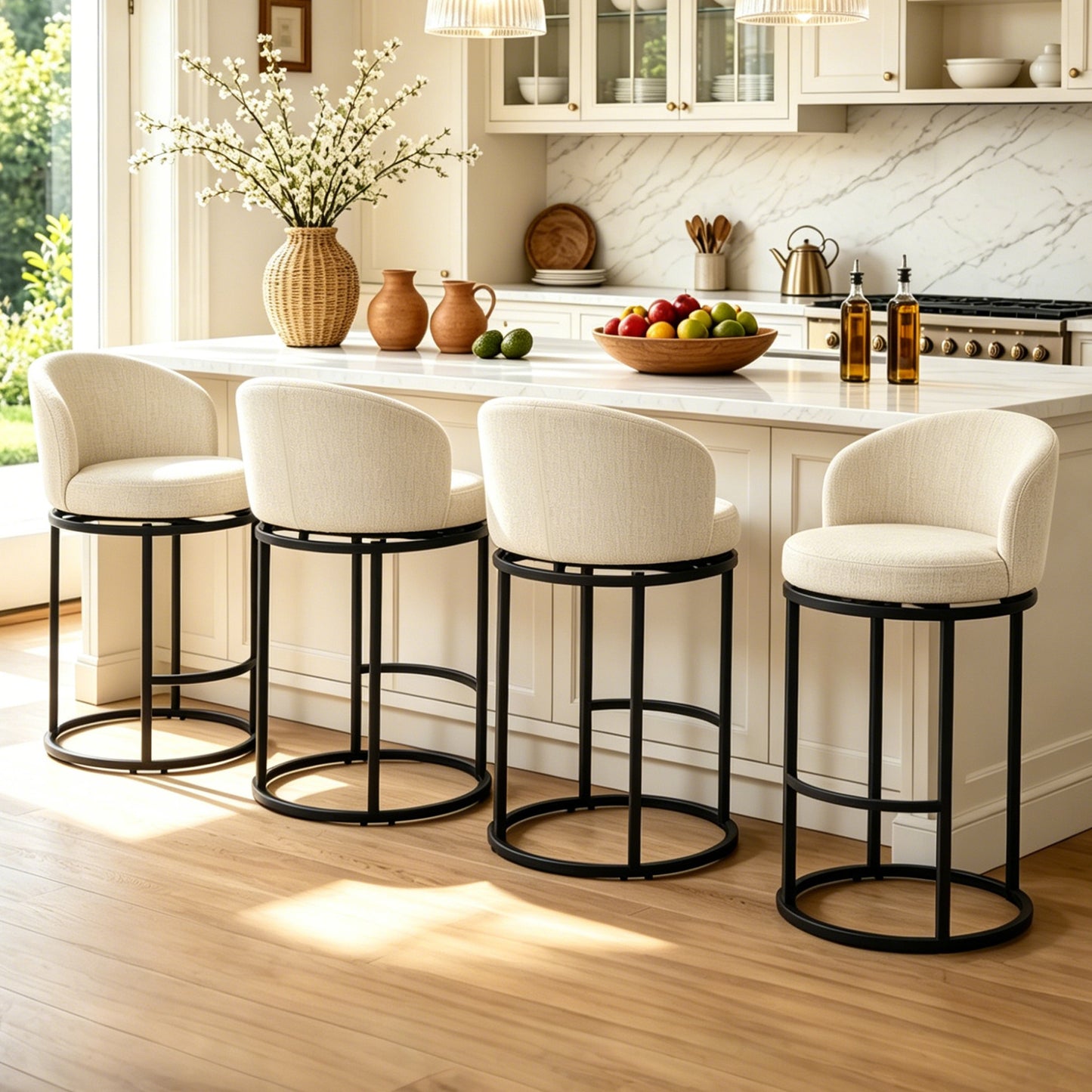 27" Counter Height Bar Stools, Fabric Upholstered Swivel Barrel Bar Chairs with 90° Auto Return and Metal Frame, Black