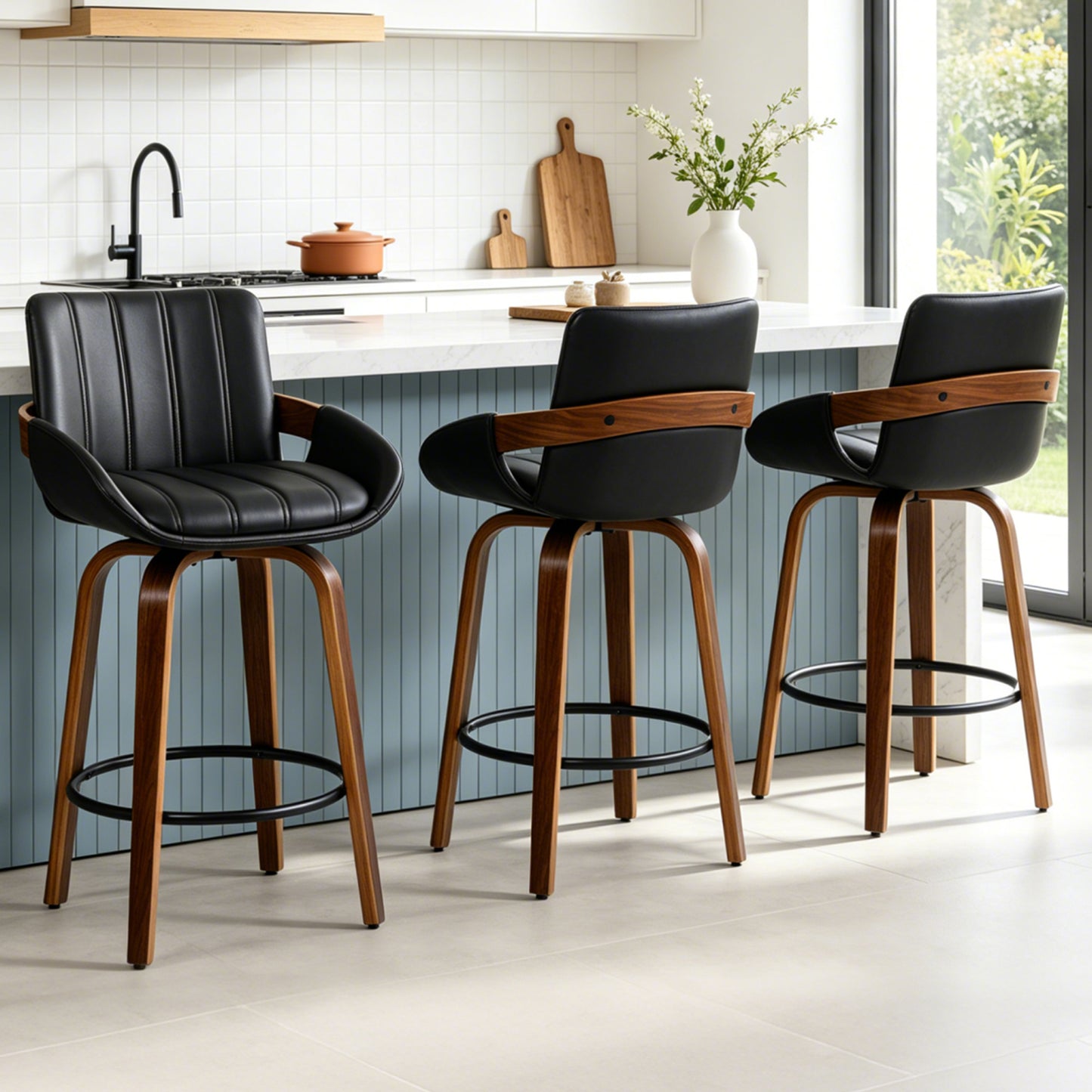 ClinQ Counter Height Swivel Bar Stools, Linen Fabric Upholstered 360° Rotating Chairs with Walnut Legs and Metal Footrest,