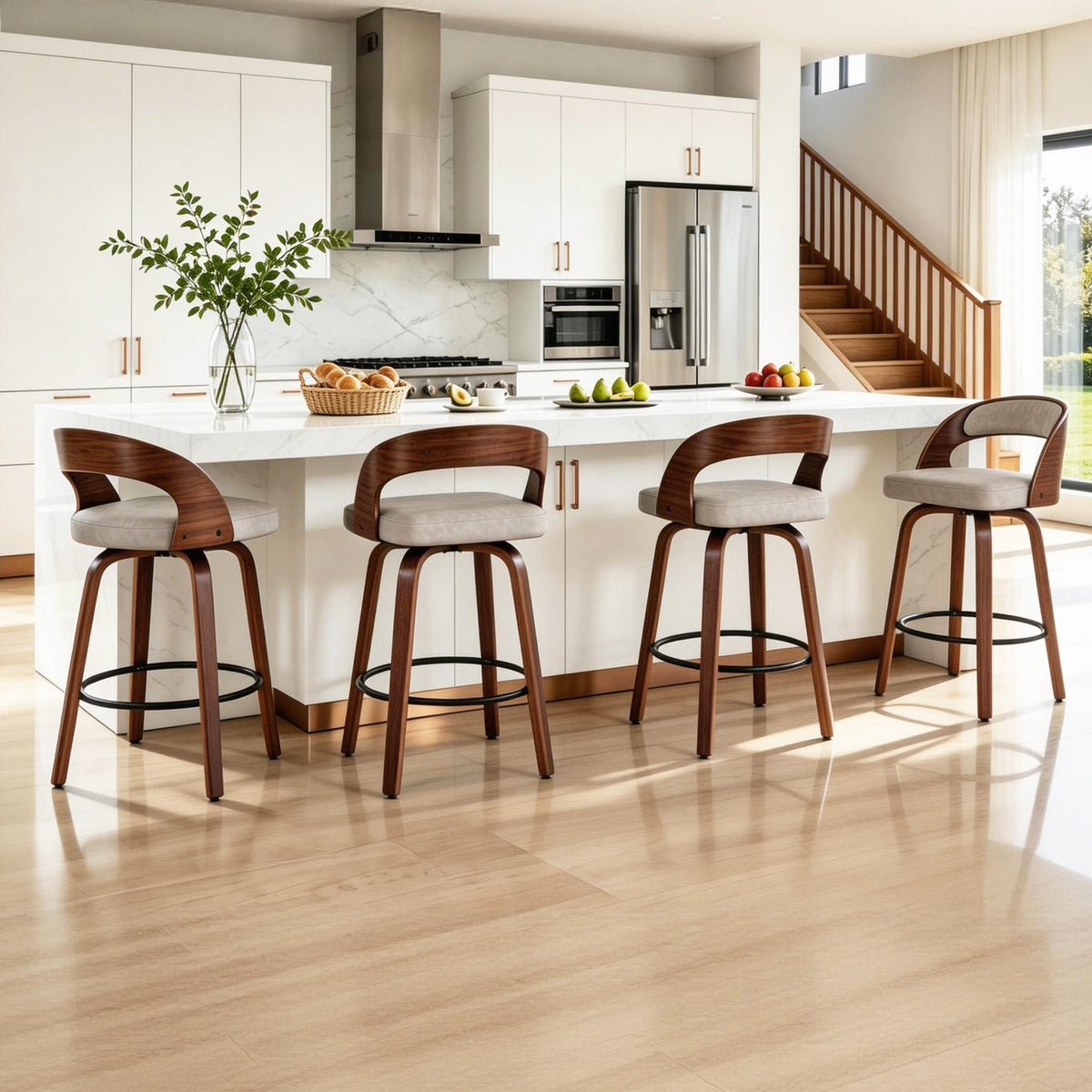 ClinQ Modern Walnut 360° Swivel Bar Stool Set of 3, Counter Height Kitchen Island Chair with Silver Footrest Ring,Upholstered Seat and Open Back