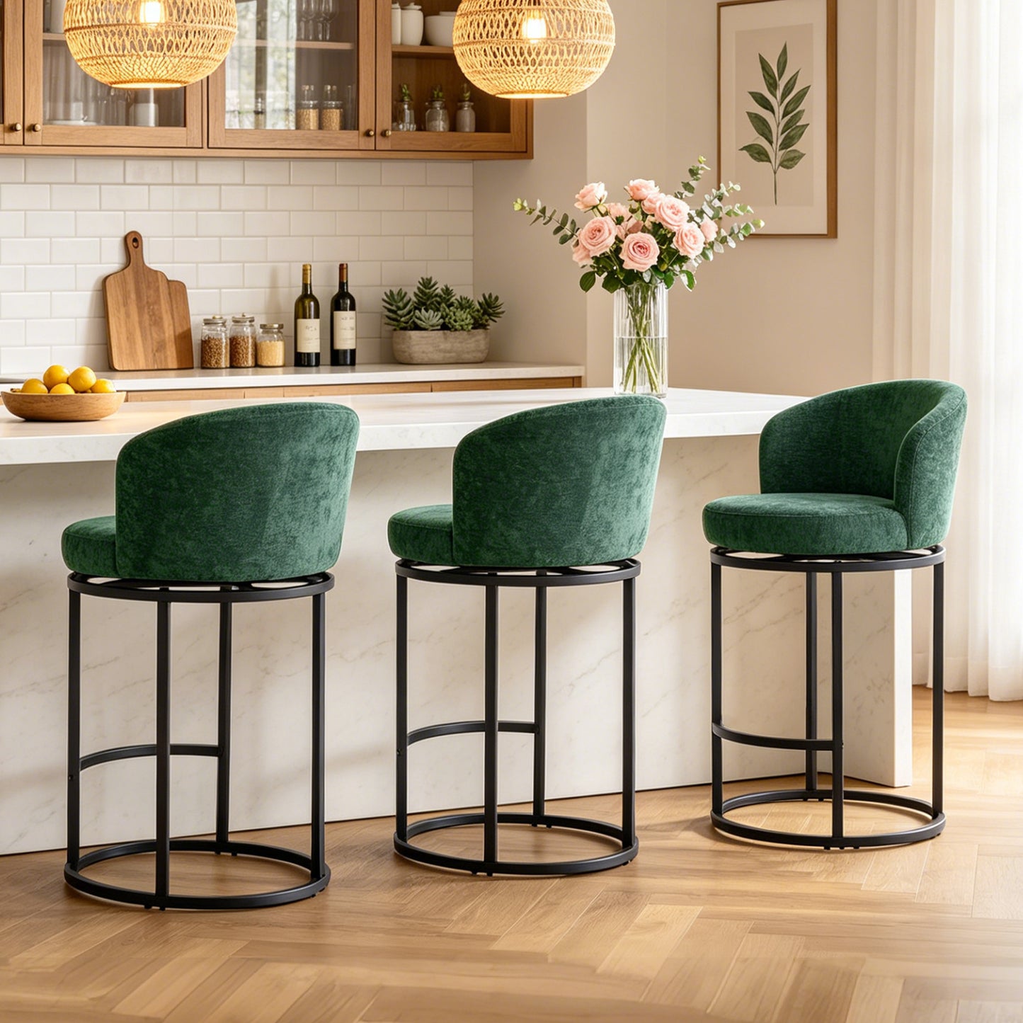 ClinQ Swivel Counter Height Bar Stools , Fabric Upholstered Barrel Bar Chairs with Auto Return, Curved Back and Black Metal Frame