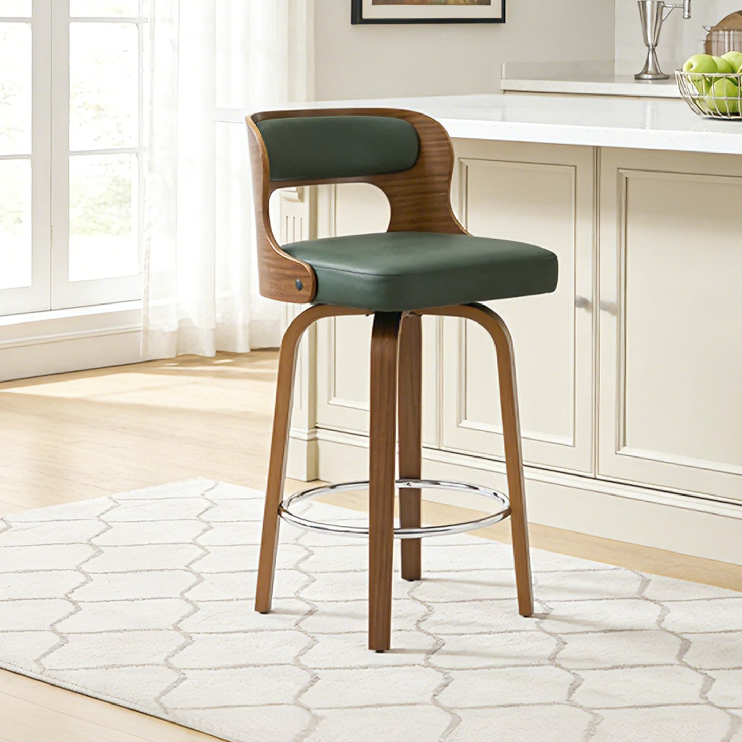27 inch Swivel Counter Height Bar Stools, PU Leather Seat with Bentwood Legs and Metal Silver Ring for Kitchen Island