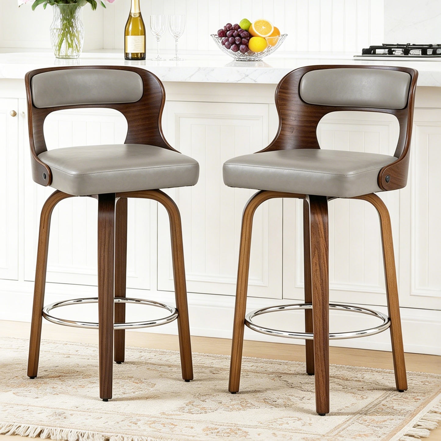 27 inch Swivel Counter Height Bar Stools, PU Leather Seat with Bentwood Legs and Metal Silver Ring for Kitchen Island