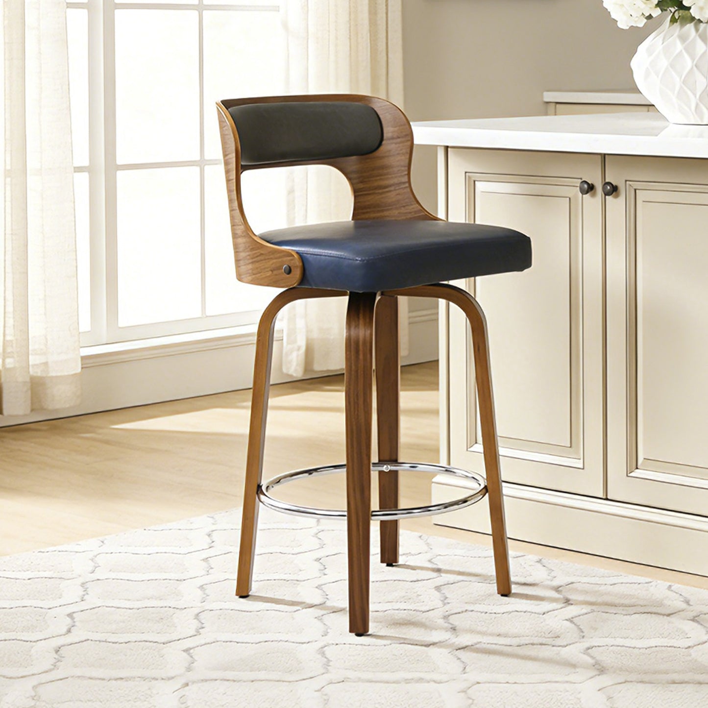 27 inch Swivel Counter Height Bar Stools, PU Leather Seat with Bentwood Legs and Metal Silver Ring for Kitchen Island