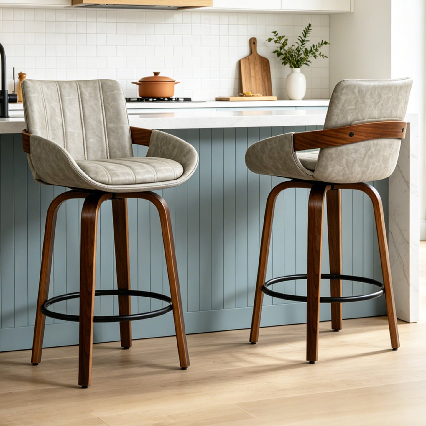 ClinQ Counter Height Swivel Bar Stools, Linen Fabric Upholstered 360° Rotating Chairs with Walnut Legs and Metal Footrest,