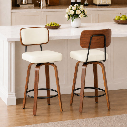 CRERIYO 360° Swivel Counter Height Bar Stools Set of 2, PU Leather Upholstered Bar Chairs with Bentwood Legs and Backrest for Kitchen Island, White
