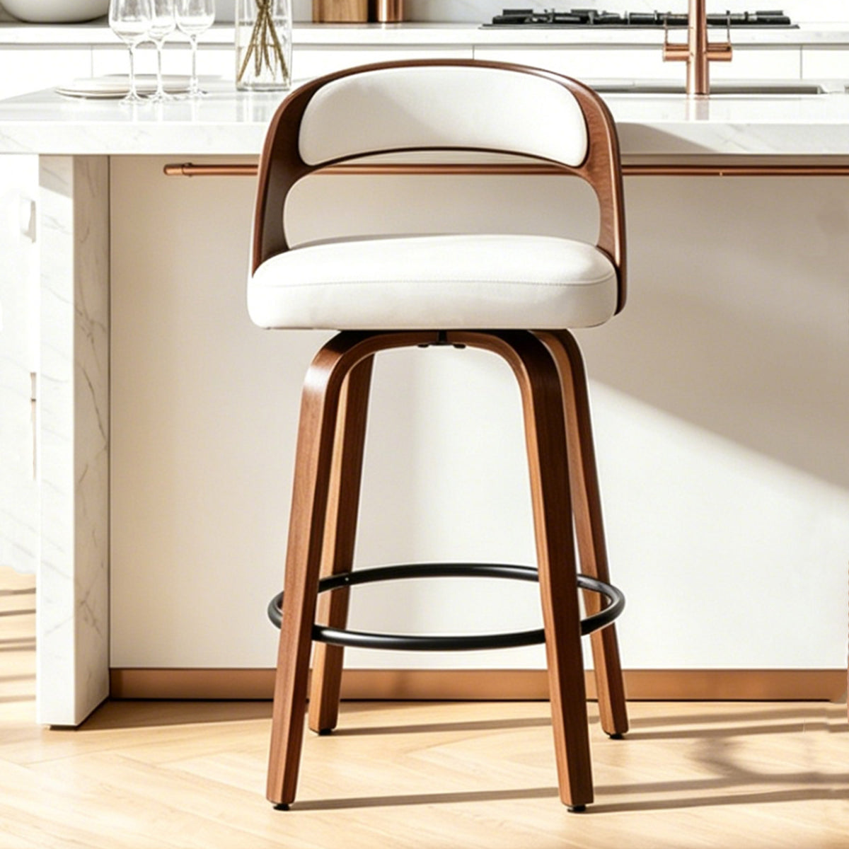FANCROU Modern 360° Swivel Bar Stools Set of 2, Faux Leather Counter Height Bar Chairs with Backrest and Walnut Wood Legs