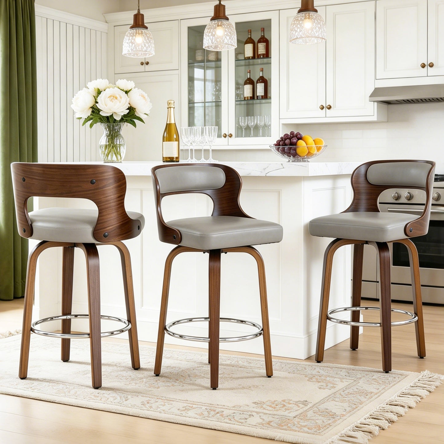 27 inch Swivel Counter Height Bar Stools, PU Leather Seat with Bentwood Legs and Metal Silver Ring for Kitchen Island