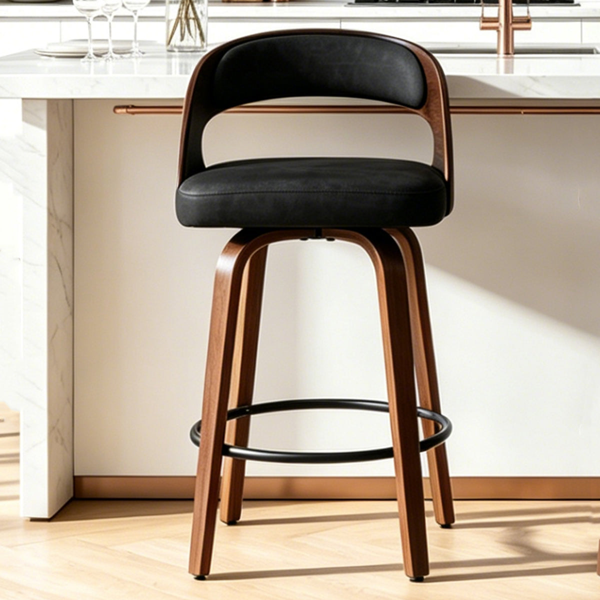 FANCROU Modern 360° Swivel Bar Stools Set of 2, Faux Leather Counter Height Bar Chairs with Backrest and Walnut Wood Legs