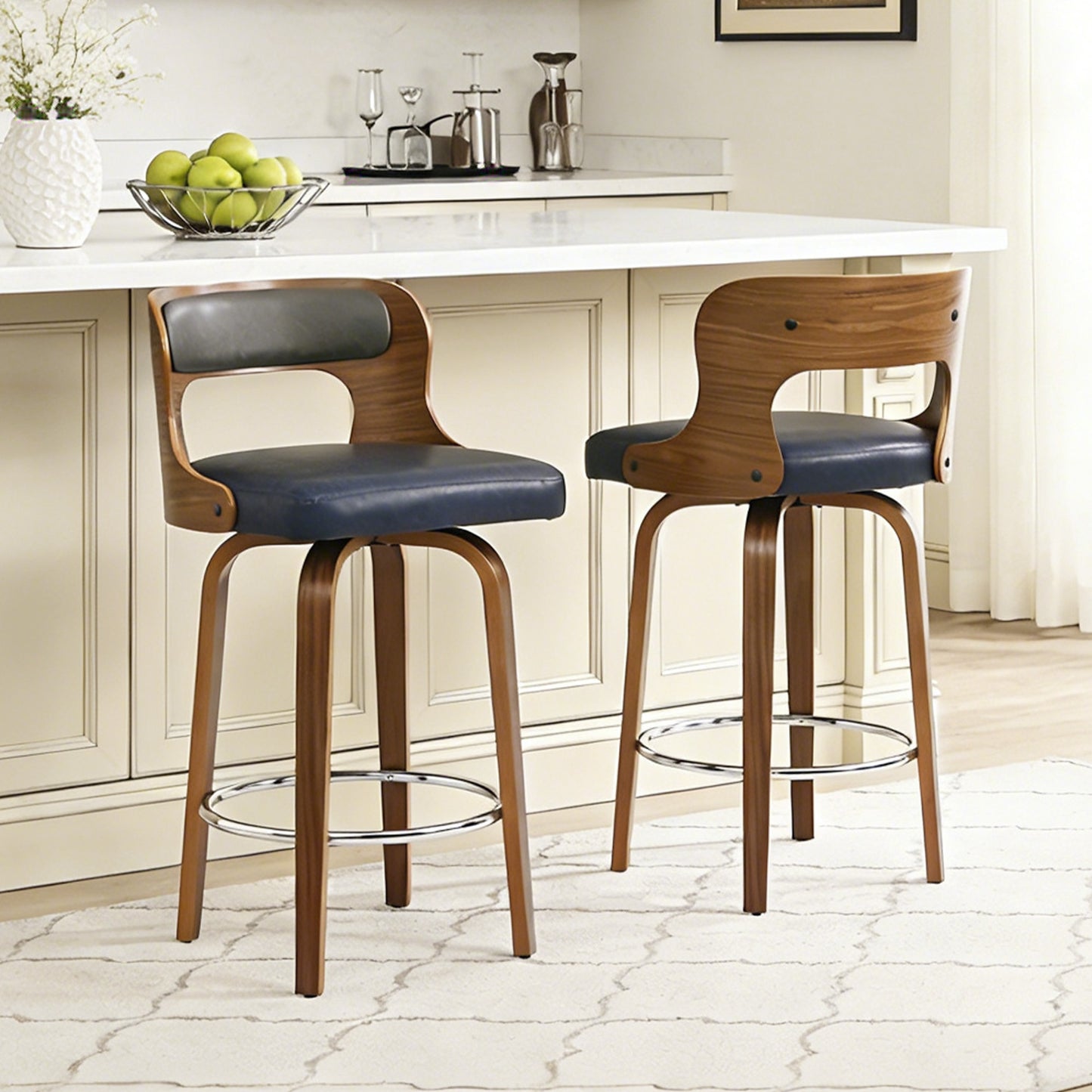 27 inch Swivel Counter Height Bar Stools, PU Leather Seat with Bentwood Legs and Metal Silver Ring for Kitchen Island
