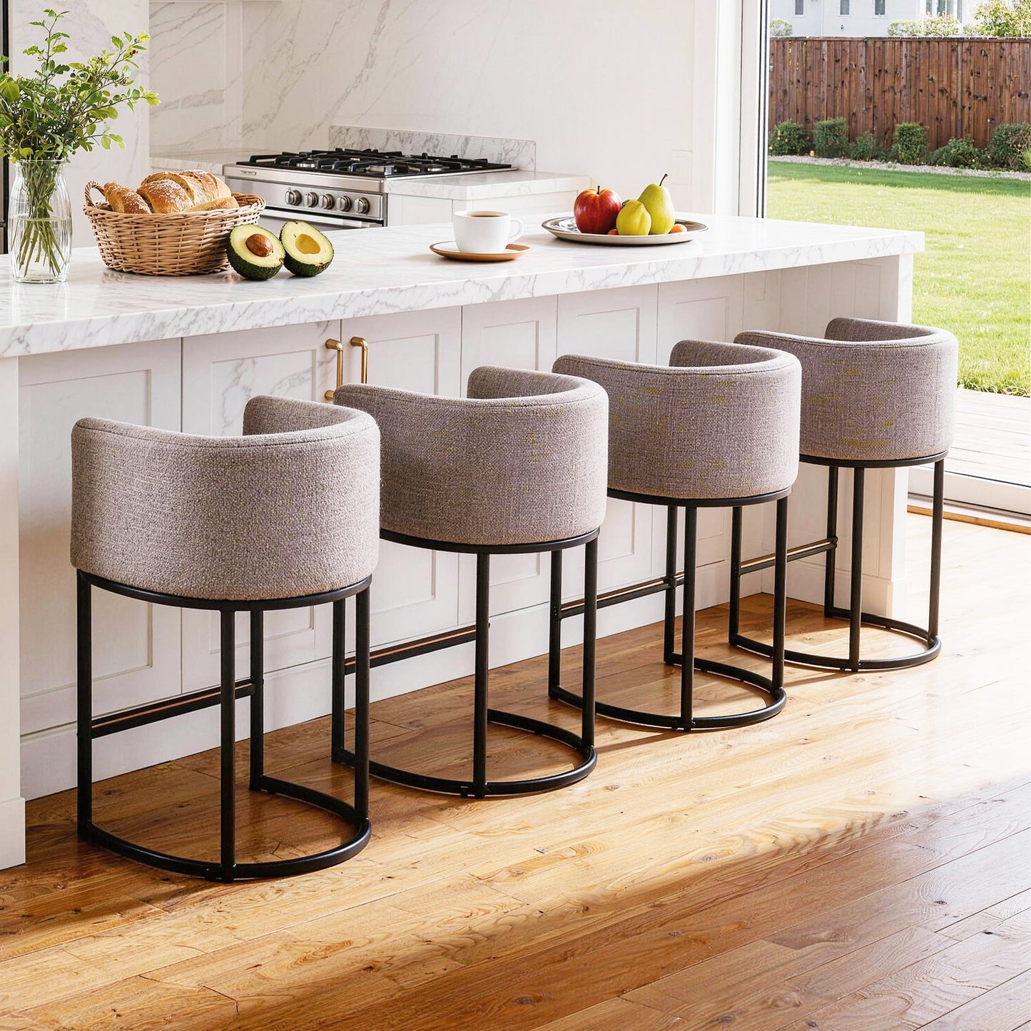 27 in Counter Height Bar Stools, Fabric Upholstered Modern Barrel Accent Stools with Metal Frame