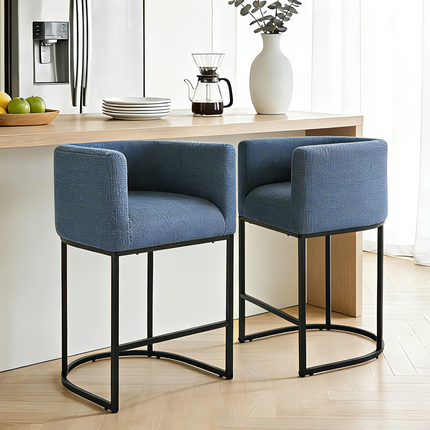 ClinQ Counter Height Bar Stool Set of 2, 26 in Fabric Upholstered Seat, Metal Legs for Indoor Dining Room and Kitchen Island