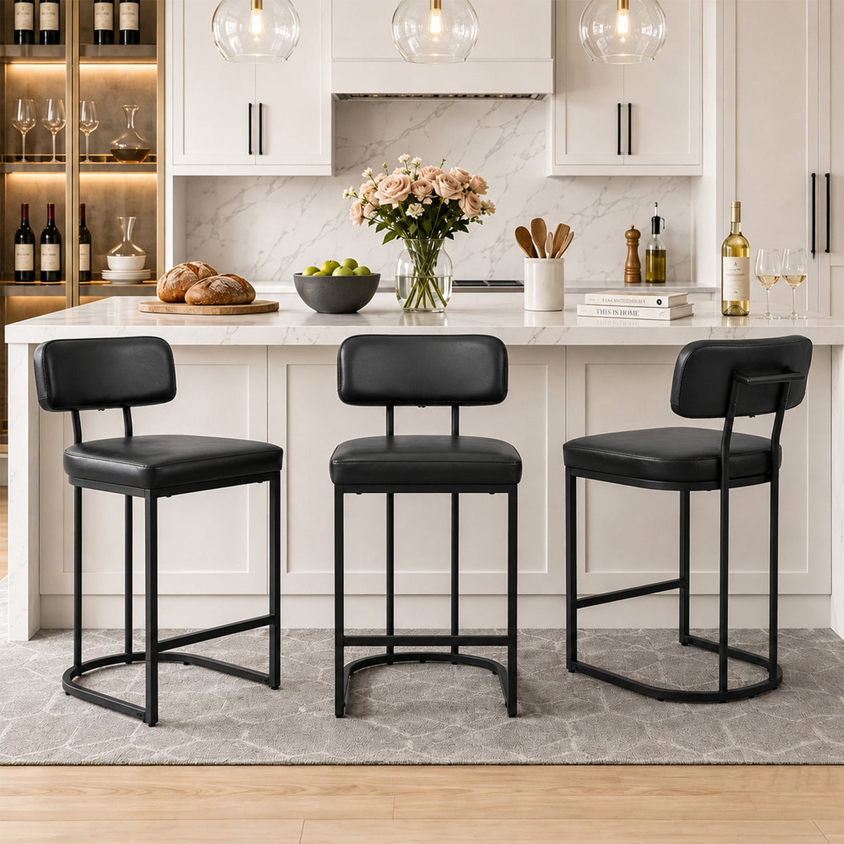 CRERIYO Counter Height Bar Stool Set of 1, Upholstered Kitchen Island Chair with Thick Padded Seats, Backrests and Sturdy Metal Frame