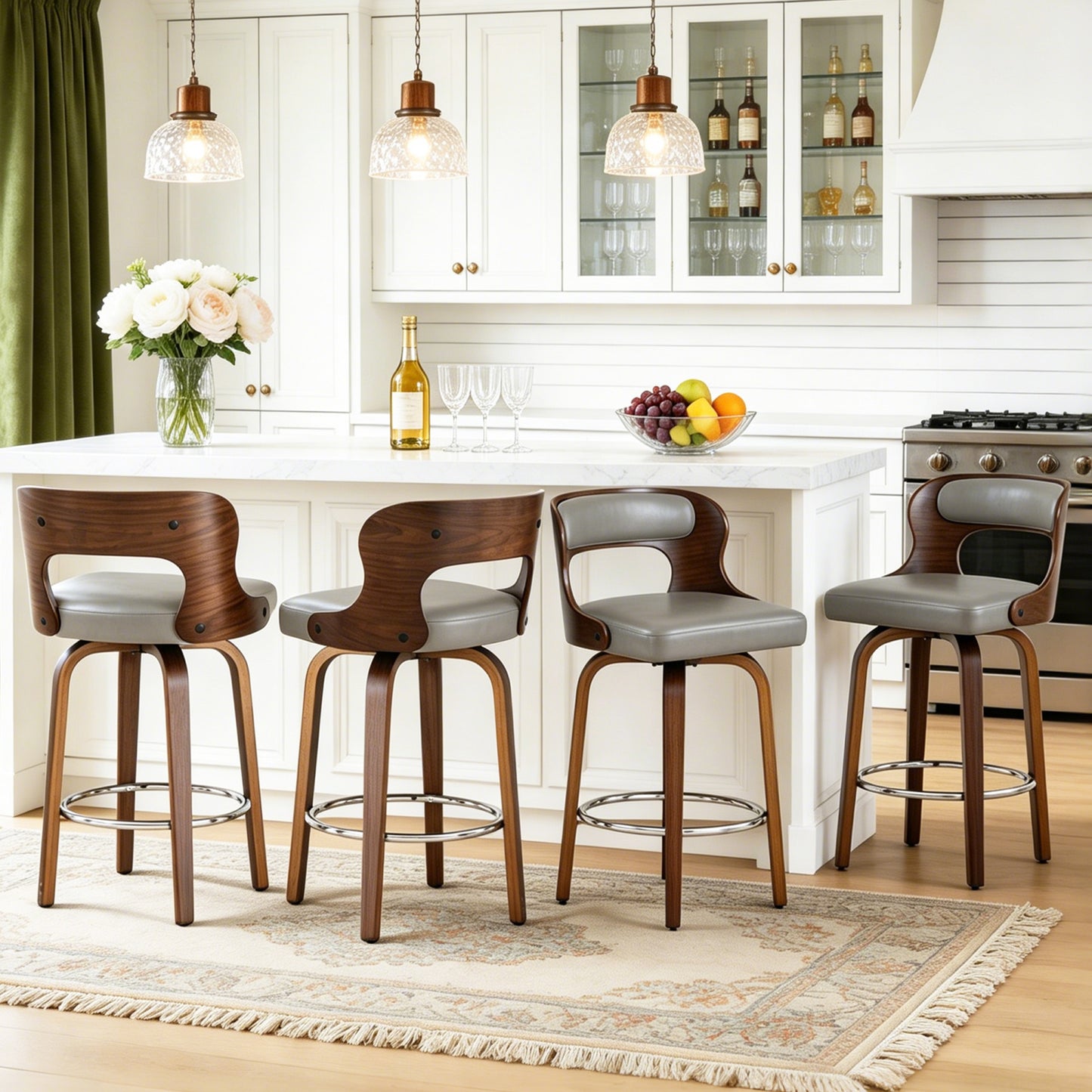 27 inch Swivel Counter Height Bar Stools, PU Leather Seat with Bentwood Legs and Metal Silver Ring for Kitchen Island