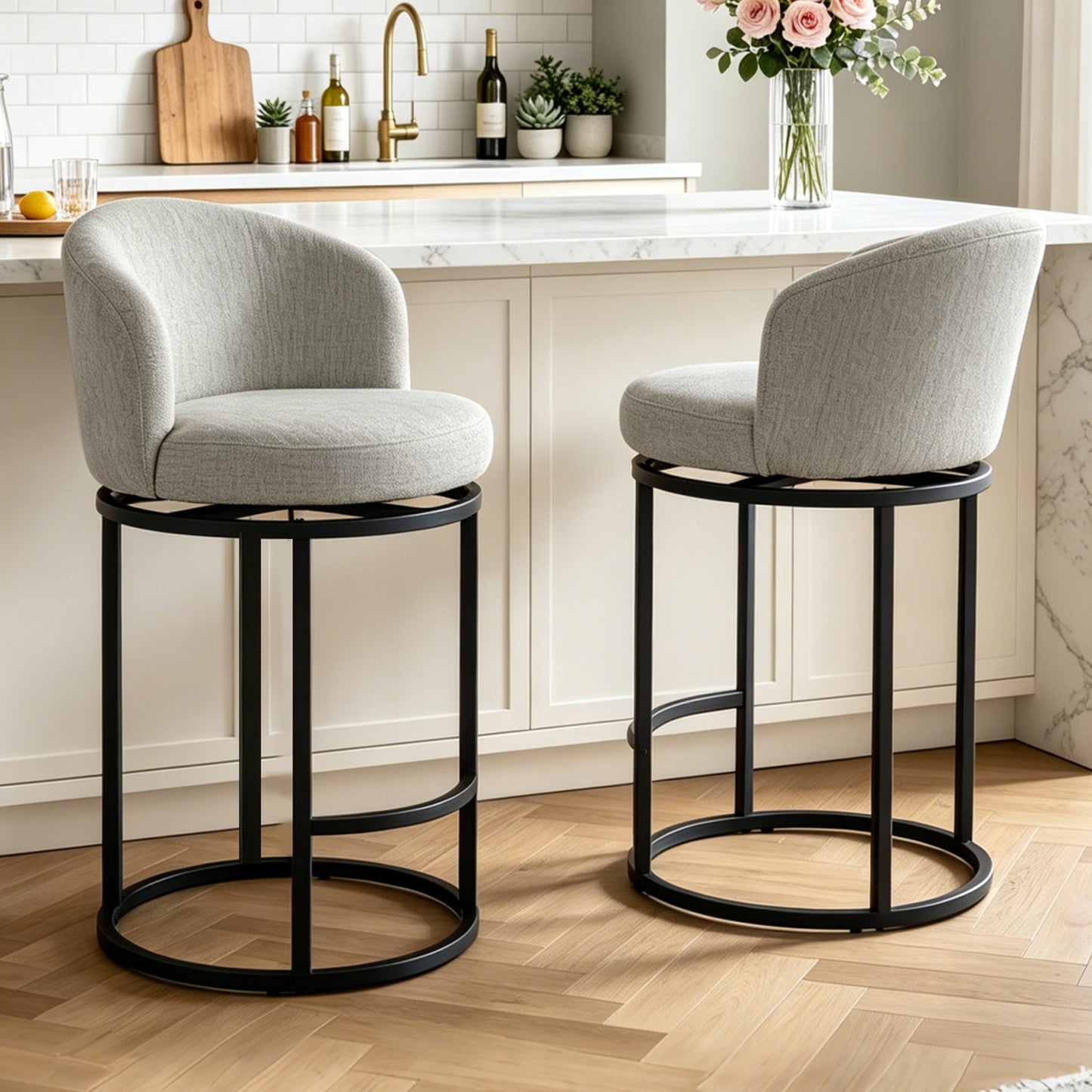ClinQ Swivel Counter Height Bar Stools , Fabric Upholstered Barrel Bar Chairs with Auto Return, Curved Back and Black Metal Frame