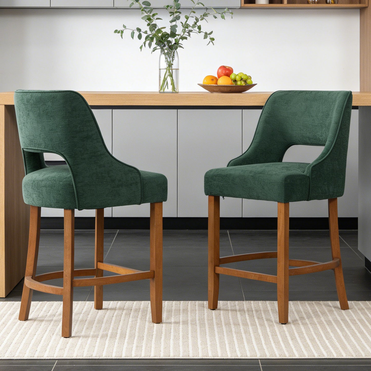 27" Counter Height Bar Stools,  Upholstered Bar Stools With Black Curved Footrest， Modern Counter Stools with Back for Kitchen Island
