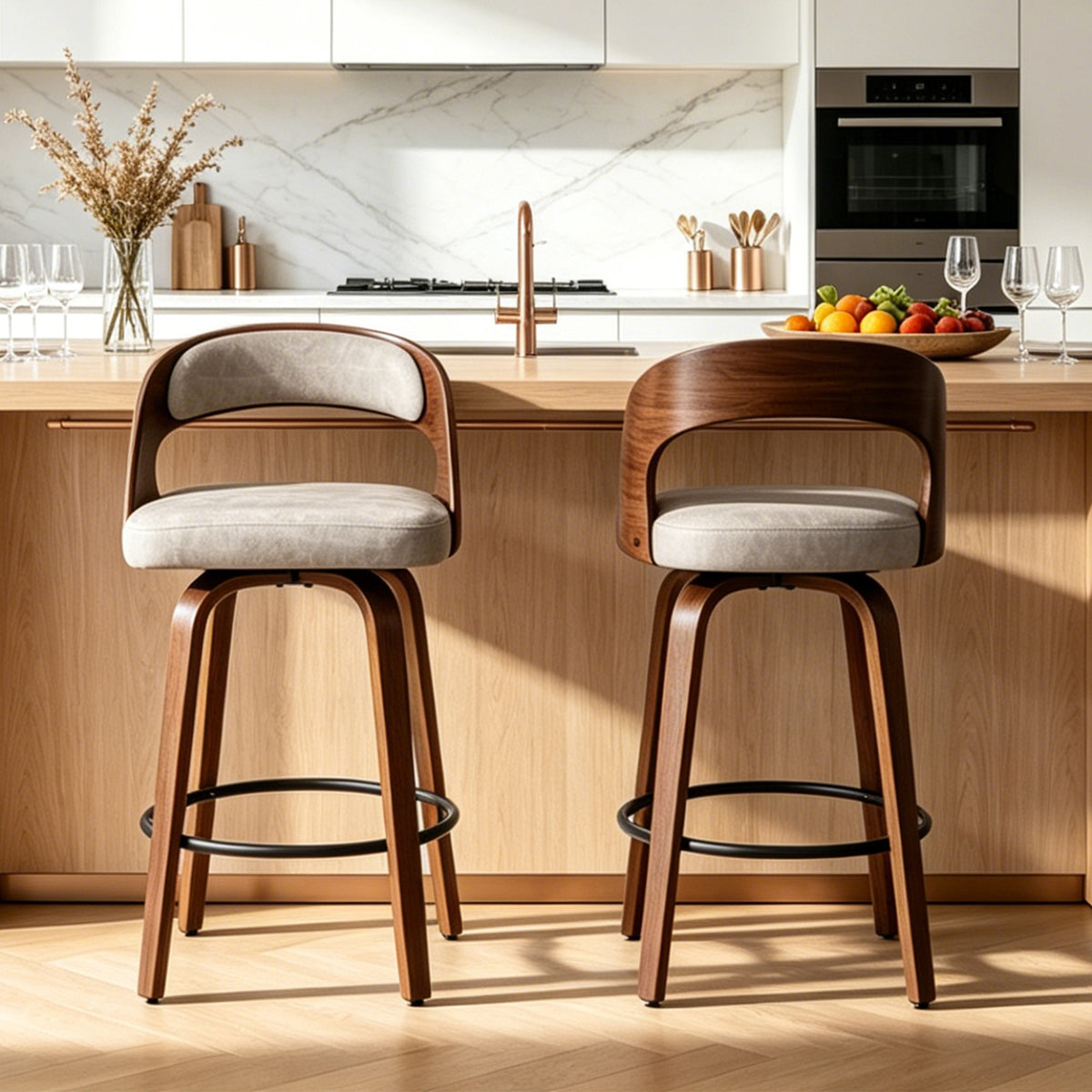 FANCROU Modern 360° Swivel Bar Stools Set of 2, Faux Leather Counter Height Bar Chairs with Backrest and Walnut Wood Legs