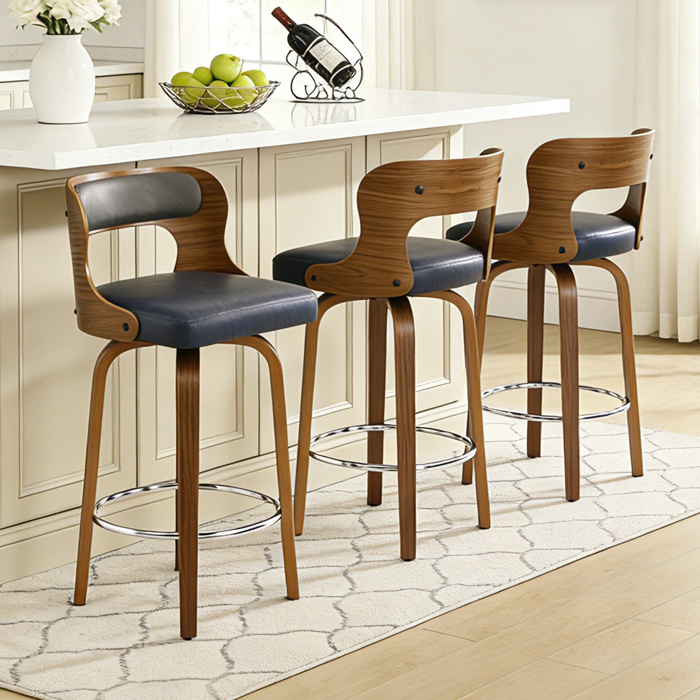 27 inch Swivel Counter Height Bar Stools, PU Leather Seat with Bentwood Legs and Metal Silver Ring for Kitchen Island