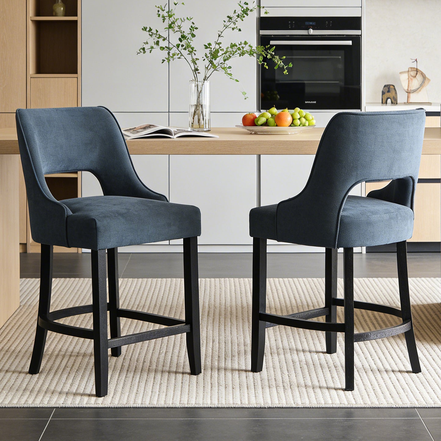 27" Counter Height Bar Stools,  Upholstered Bar Stools With Black Curved Footrest， Modern Counter Stools with Back for Kitchen Island