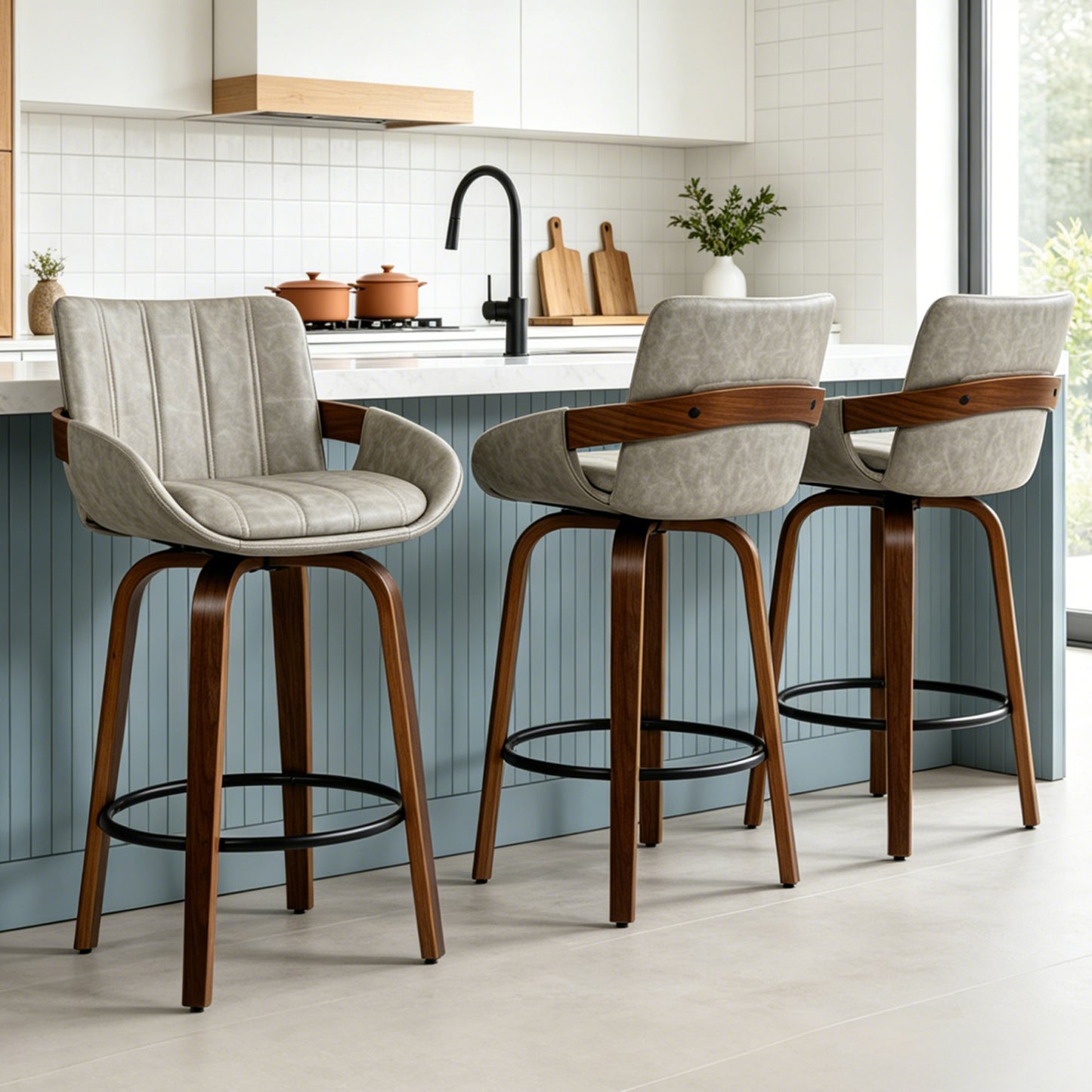 ClinQ Counter Height Swivel Bar Stools, Linen Fabric Upholstered 360° Rotating Chairs with Walnut Legs and Metal Footrest,