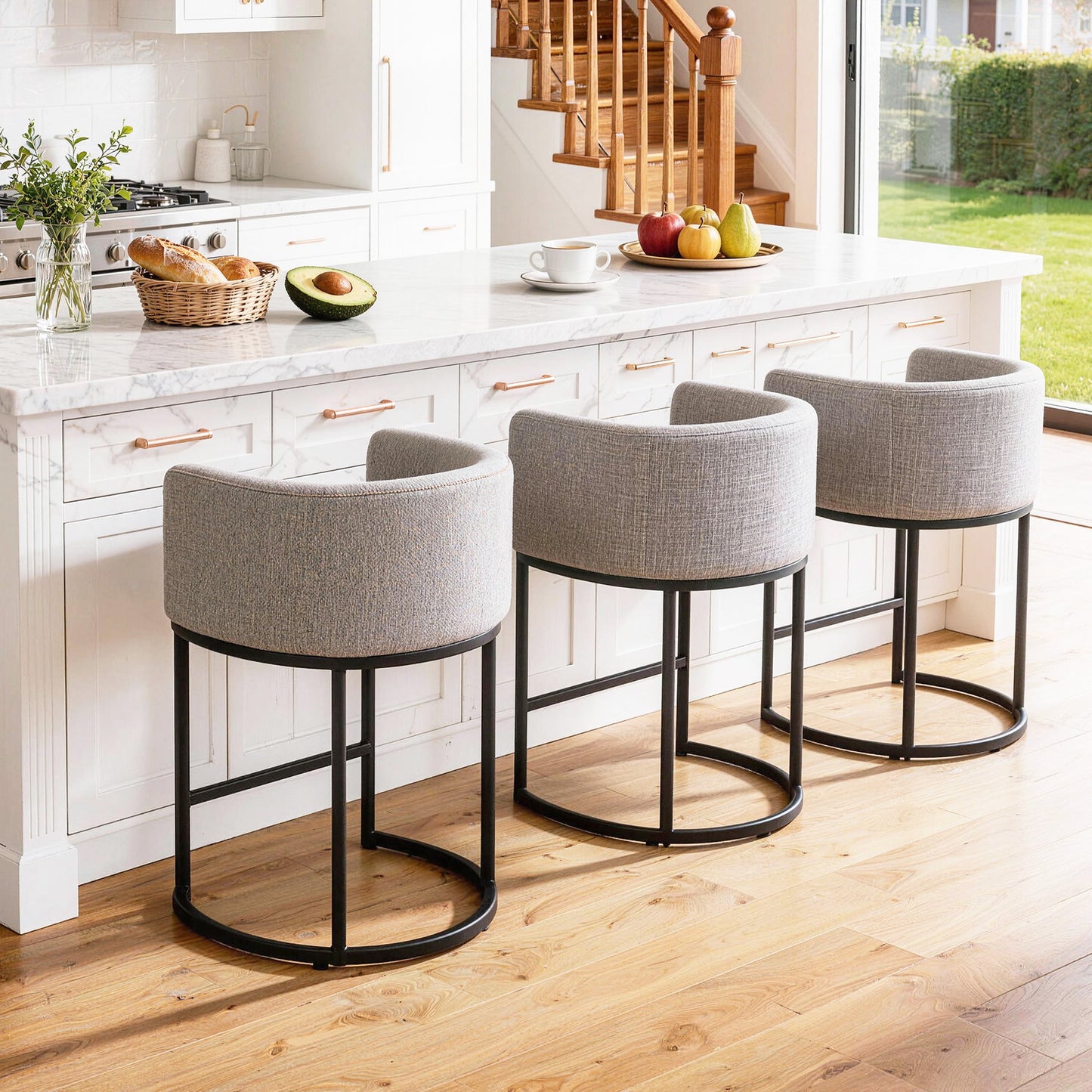 27 in Counter Height Bar Stools, Fabric Upholstered Modern Barrel Accent Stools with Metal Frame
