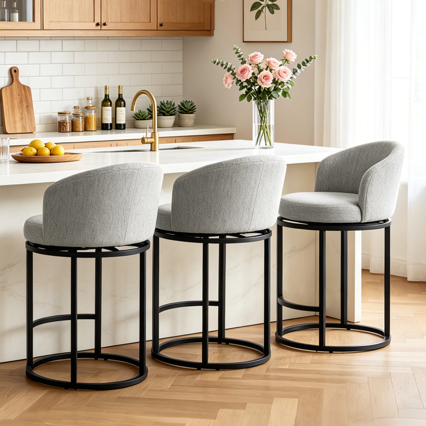 ClinQ Swivel Counter Height Bar Stools , Fabric Upholstered Barrel Bar Chairs with Auto Return, Curved Back and Black Metal Frame