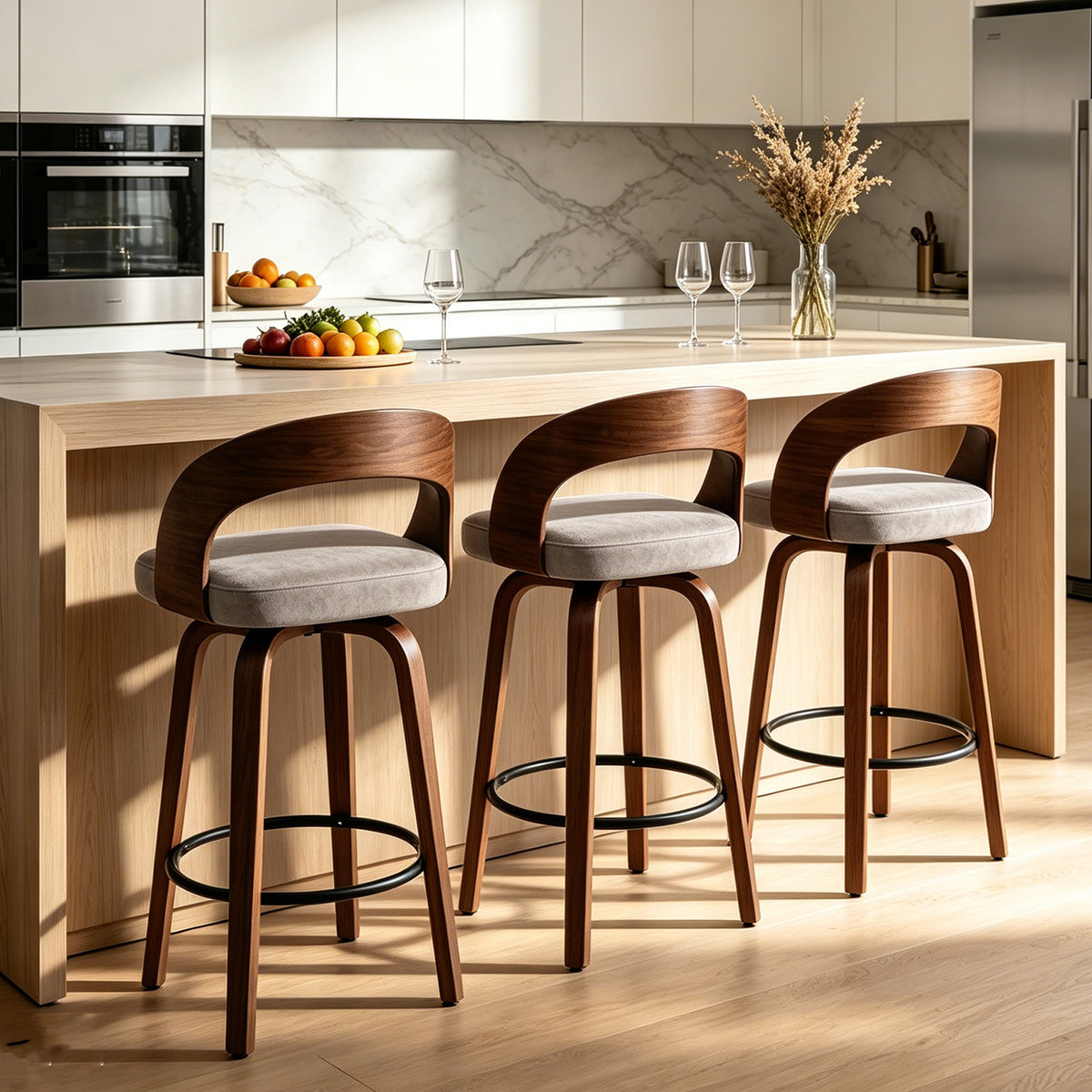 FANCROU Modern 360° Swivel Bar Stools Set of 2, Faux Leather Counter Height Bar Chairs with Backrest and Walnut Wood Legs