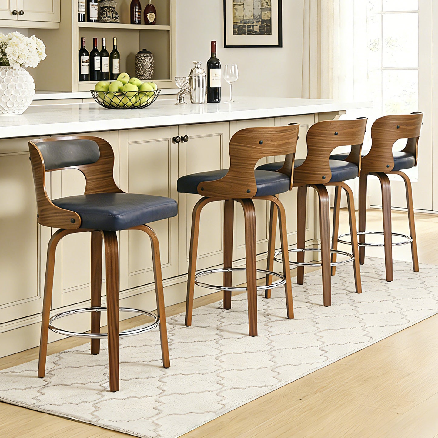 27 inch Swivel Counter Height Bar Stools, PU Leather Seat with Bentwood Legs and Metal Silver Ring for Kitchen Island