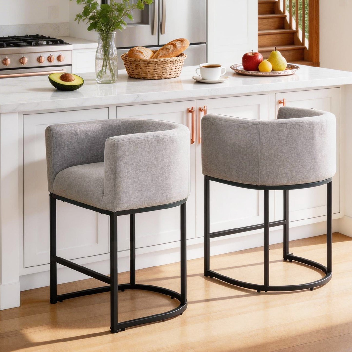 27 in Counter Height Bar Stools, Fabric Upholstered Modern Barrel Accent Stools with Metal Frame