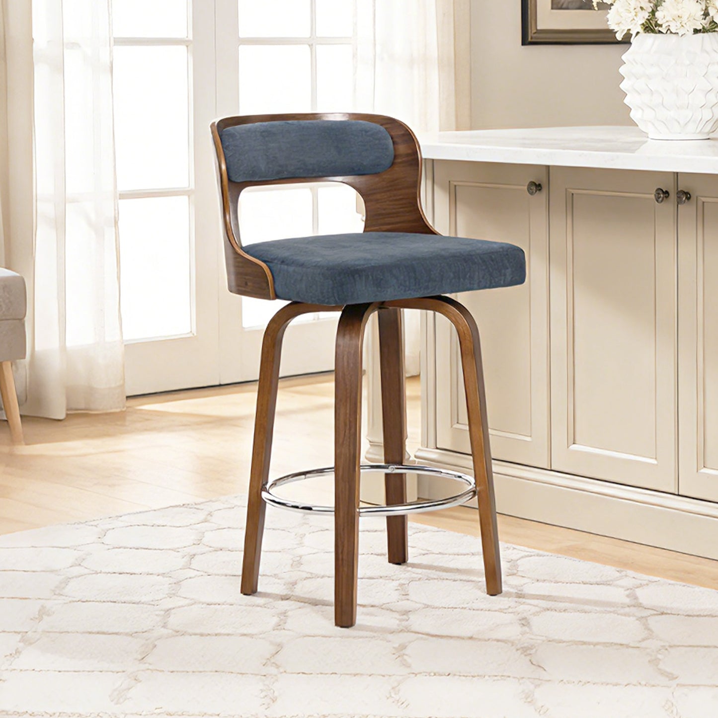27 inch Swivel Counter Height Bar Stools, PU Leather Seat with Bentwood Legs and Metal Silver Ring for Kitchen Island