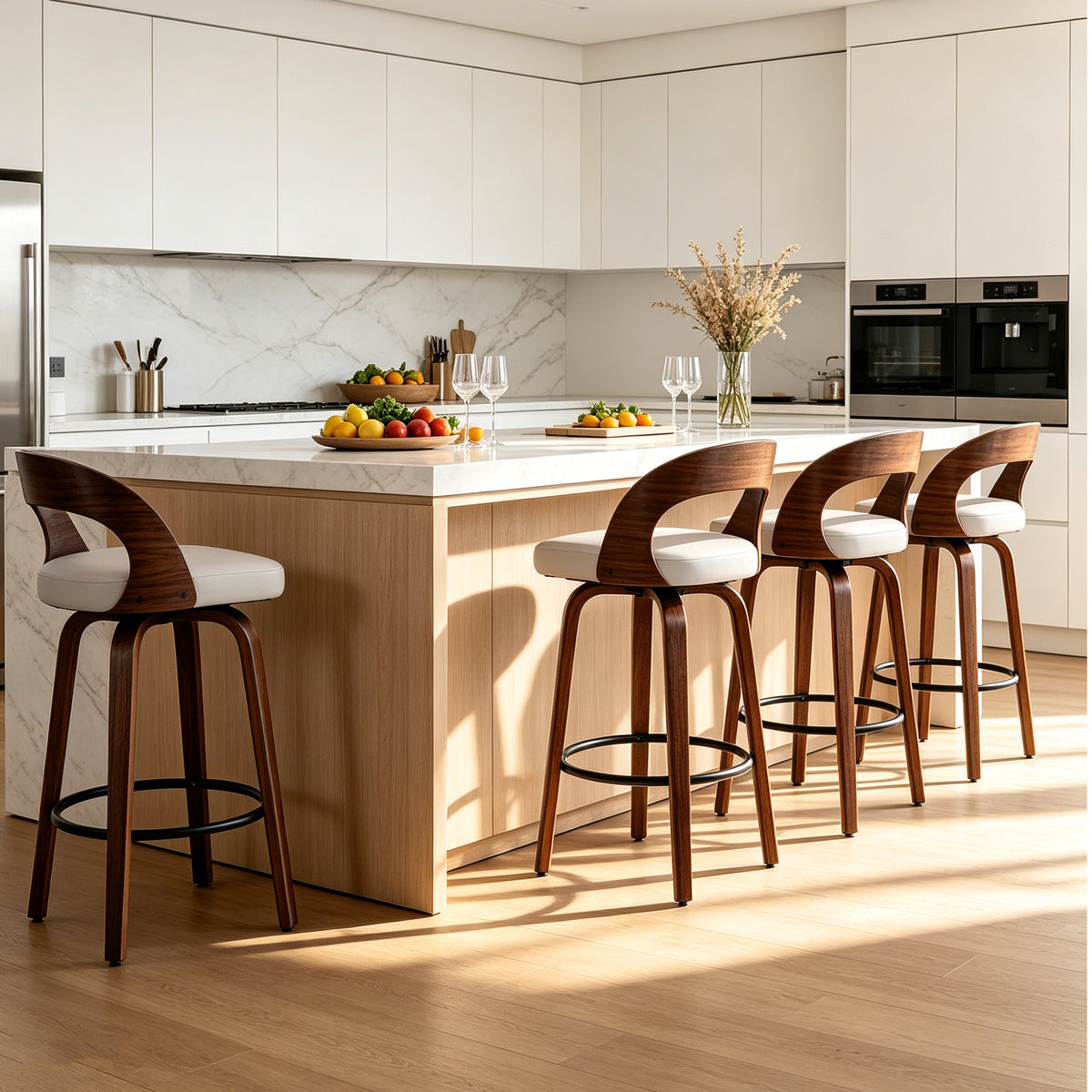 FANCROU Modern 360° Swivel Bar Stools Set of 2, Faux Leather Counter Height Bar Chairs with Backrest and Walnut Wood Legs