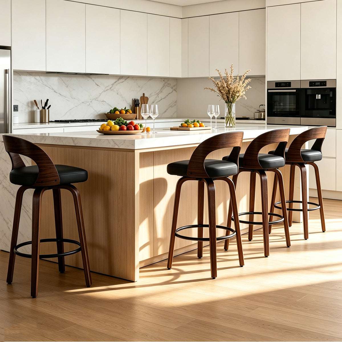 FANCROU Modern 360° Swivel Bar Stools Set of 2, Faux Leather Counter Height Bar Chairs with Backrest and Walnut Wood Legs