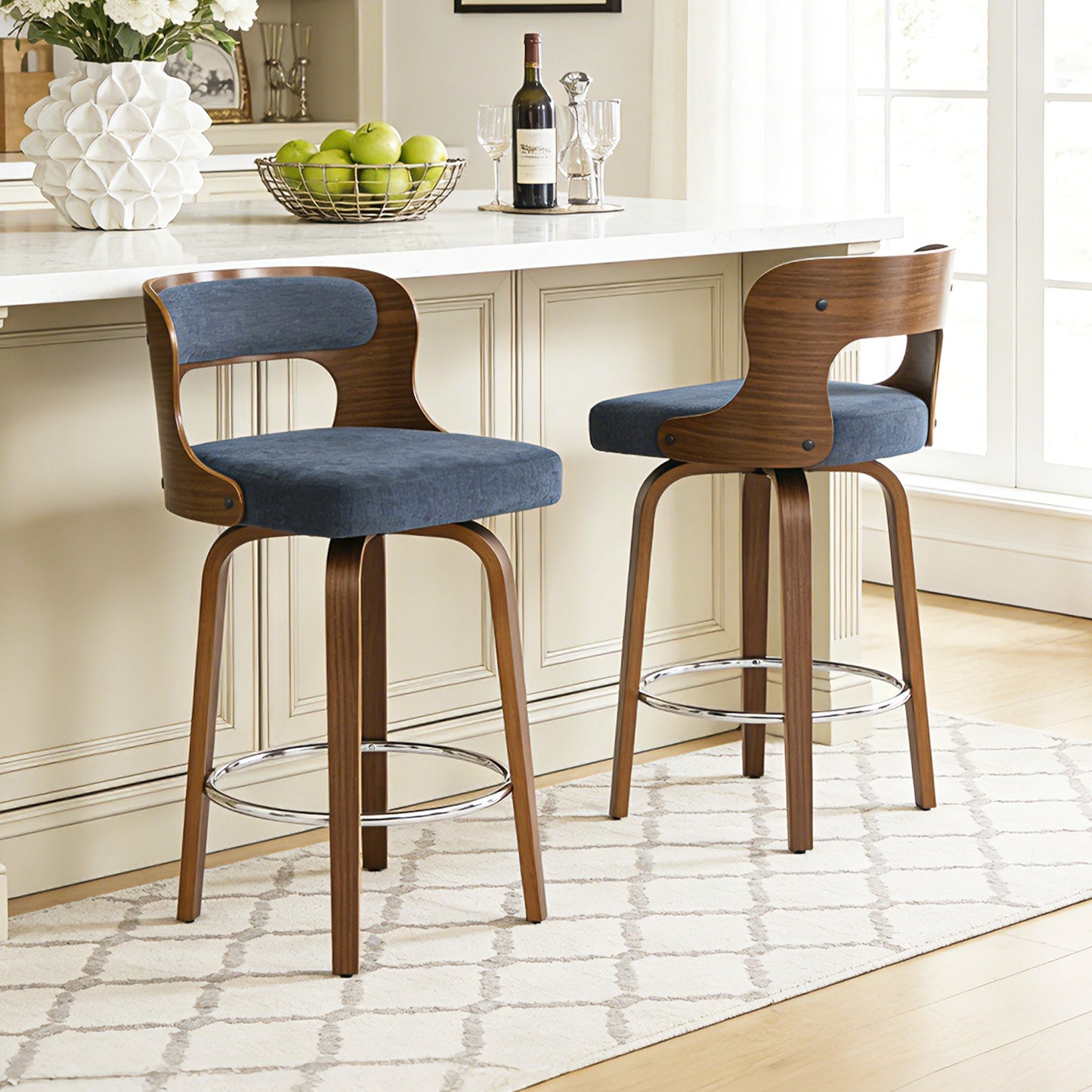 27 inch Swivel Counter Height Bar Stools, PU Leather Seat with Bentwood Legs and Metal Silver Ring for Kitchen Island