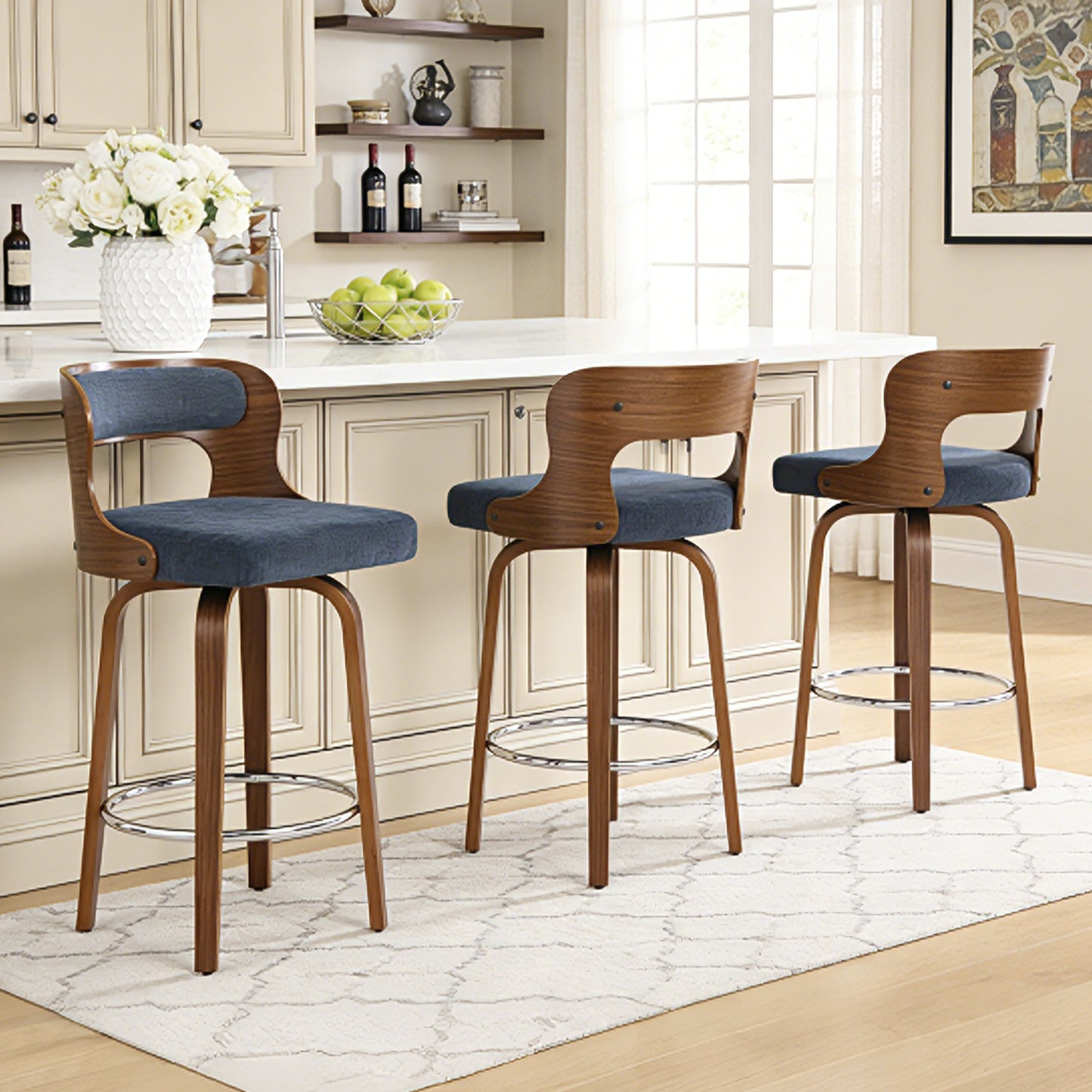27 inch Swivel Counter Height Bar Stools, PU Leather Seat with Bentwood Legs and Metal Silver Ring for Kitchen Island