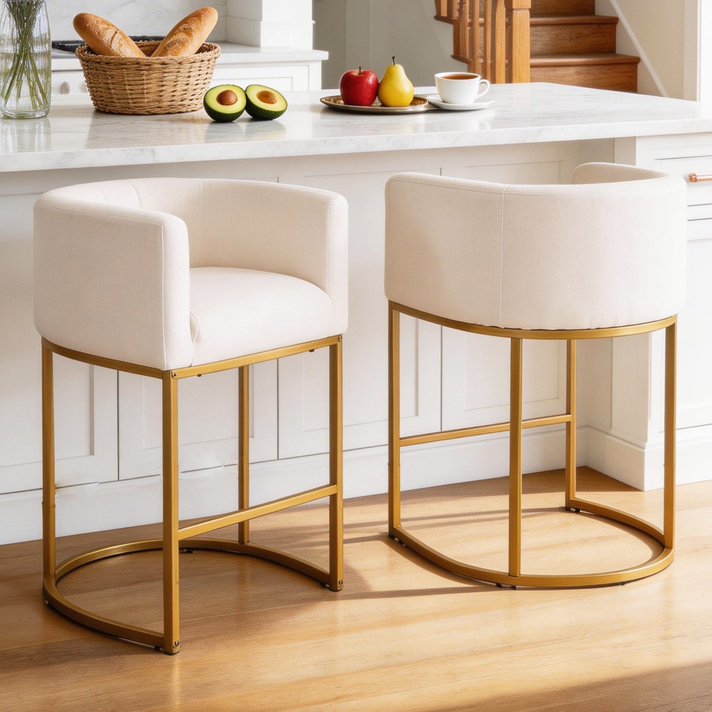 27 in Counter Height Bar Stools, Fabric Upholstered Modern Barrel Accent Stools with Metal Frame