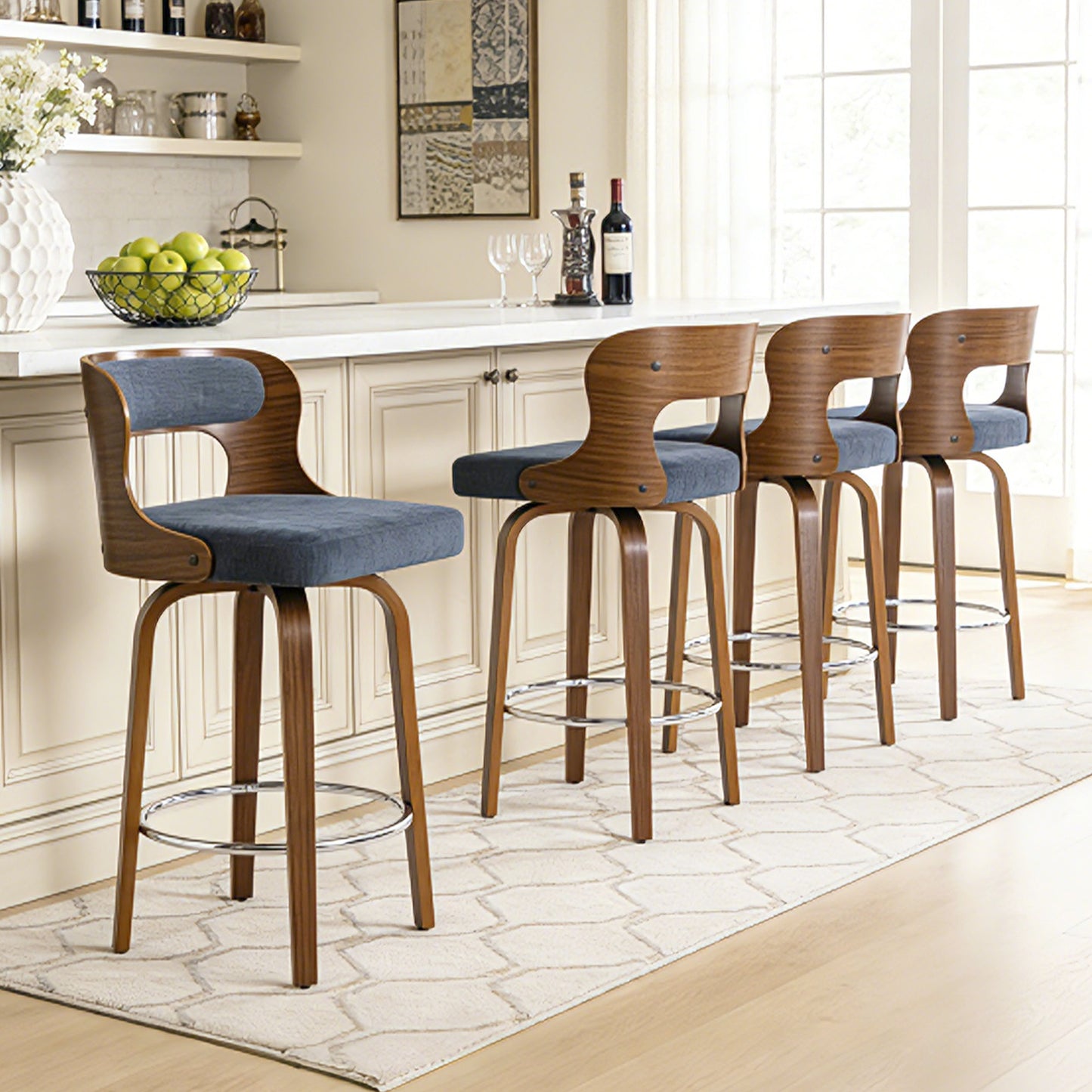27 inch Swivel Counter Height Bar Stools, PU Leather Seat with Bentwood Legs and Metal Silver Ring for Kitchen Island