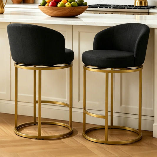 27" Counter Height Bar Stools, Fabric Upholstered Swivel Barrel Bar Chairs with 90° Auto Return and Metal Frame, Black