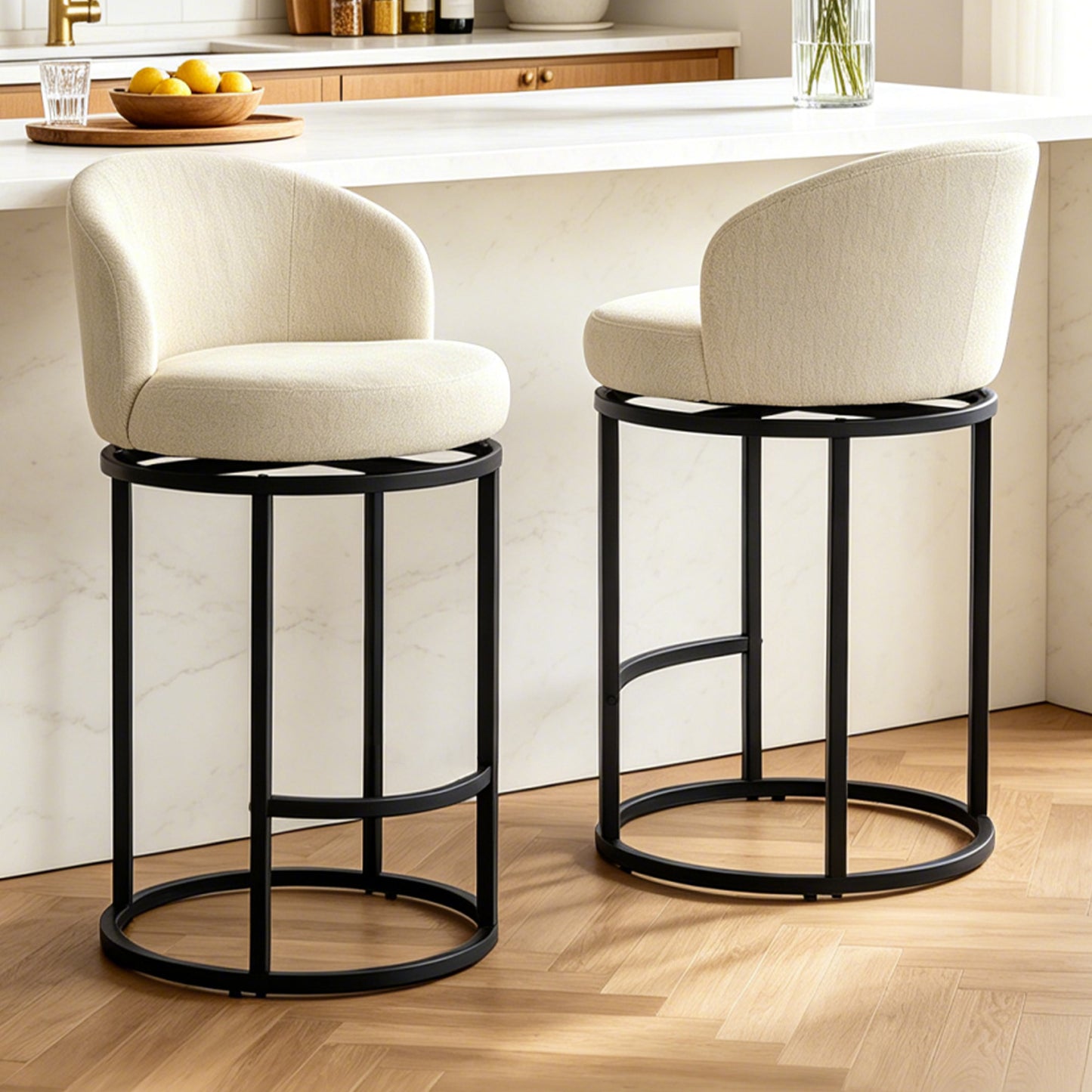 ClinQ Swivel Counter Height Bar Stools , Fabric Upholstered Barrel Bar Chairs with Auto Return, Curved Back and Black Metal Frame