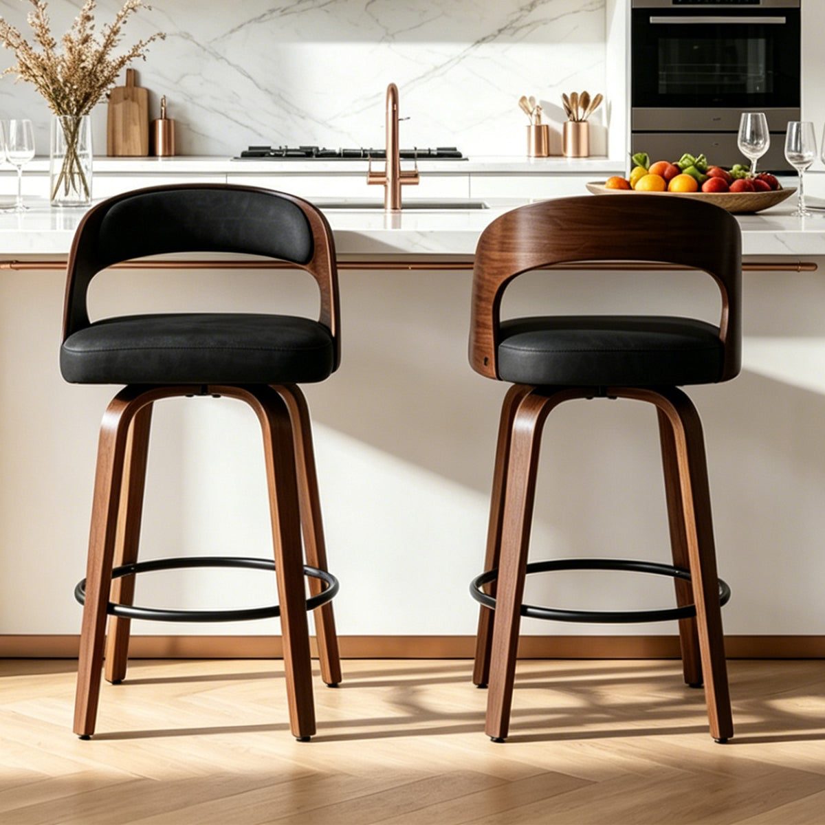 FANCROU Modern 360° Swivel Bar Stools Set of 2, Faux Leather Counter Height Bar Chairs with Backrest and Walnut Wood Legs