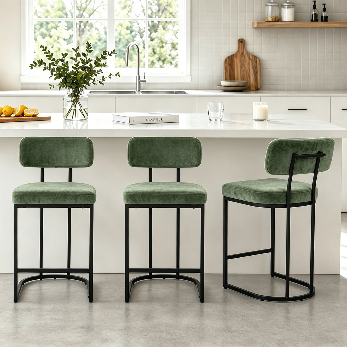 ClinQ Modern Bar Stool Set of 1, Upholstered Counter Height Bar Chair with Sturdy Metal Frame and Backrest for Kitchen Island