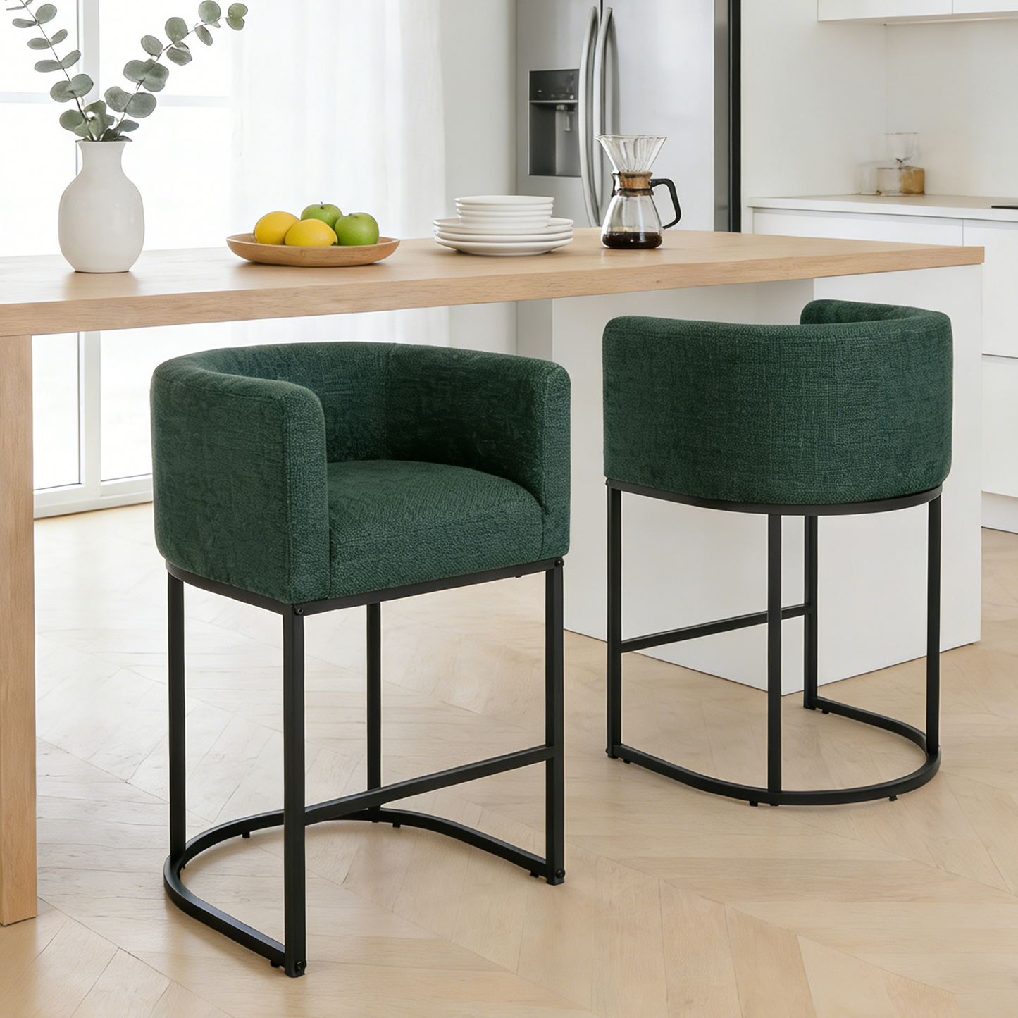 ClinQ Counter Height Bar Stool Set of 2, 26 in Fabric Upholstered Seat, Metal Legs for Indoor Dining Room and Kitchen Island