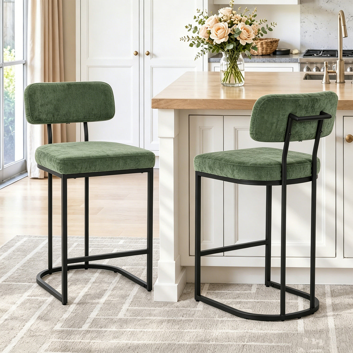 CRERIYO Counter Height Bar Stool Set of 1, Upholstered Kitchen Island Chair with Thick Padded Seats, Backrests and Sturdy Metal Frame