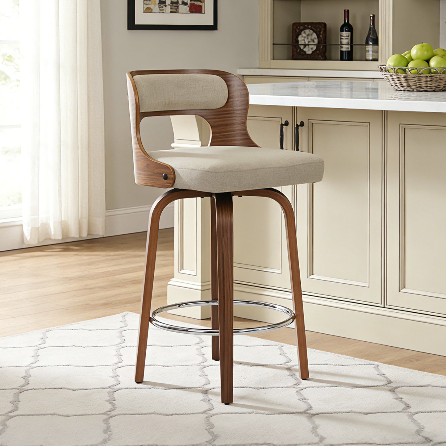 27 inch Swivel Counter Height Bar Stools, PU Leather Seat with Bentwood Legs and Metal Silver Ring for Kitchen Island