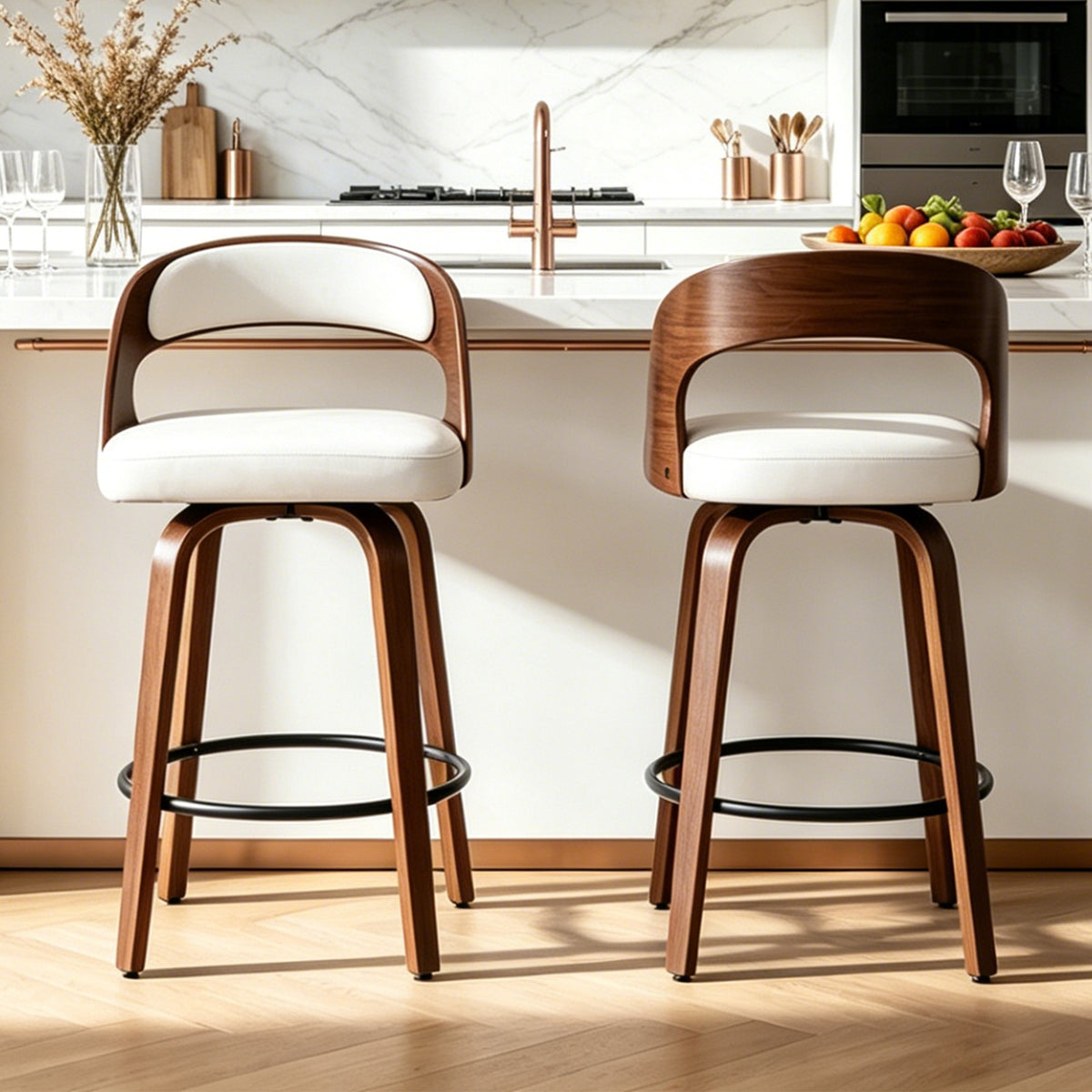 FANCROU Modern 360° Swivel Bar Stools Set of 2, Faux Leather Counter Height Bar Chairs with Backrest and Walnut Wood Legs