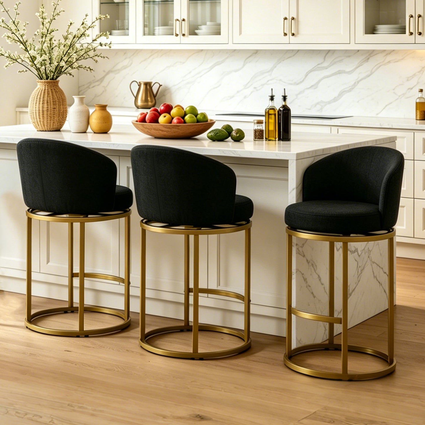 27" Counter Height Bar Stools, Fabric Upholstered Swivel Barrel Bar Chairs with 90° Auto Return and Metal Frame, Black