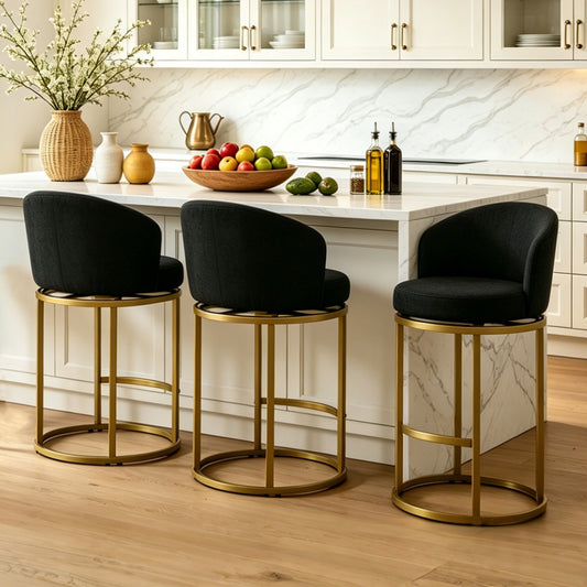 27" Counter Height Bar Stools, Fabric Upholstered Swivel Barrel Bar Chairs with 90° Auto Return and Metal Frame, Black