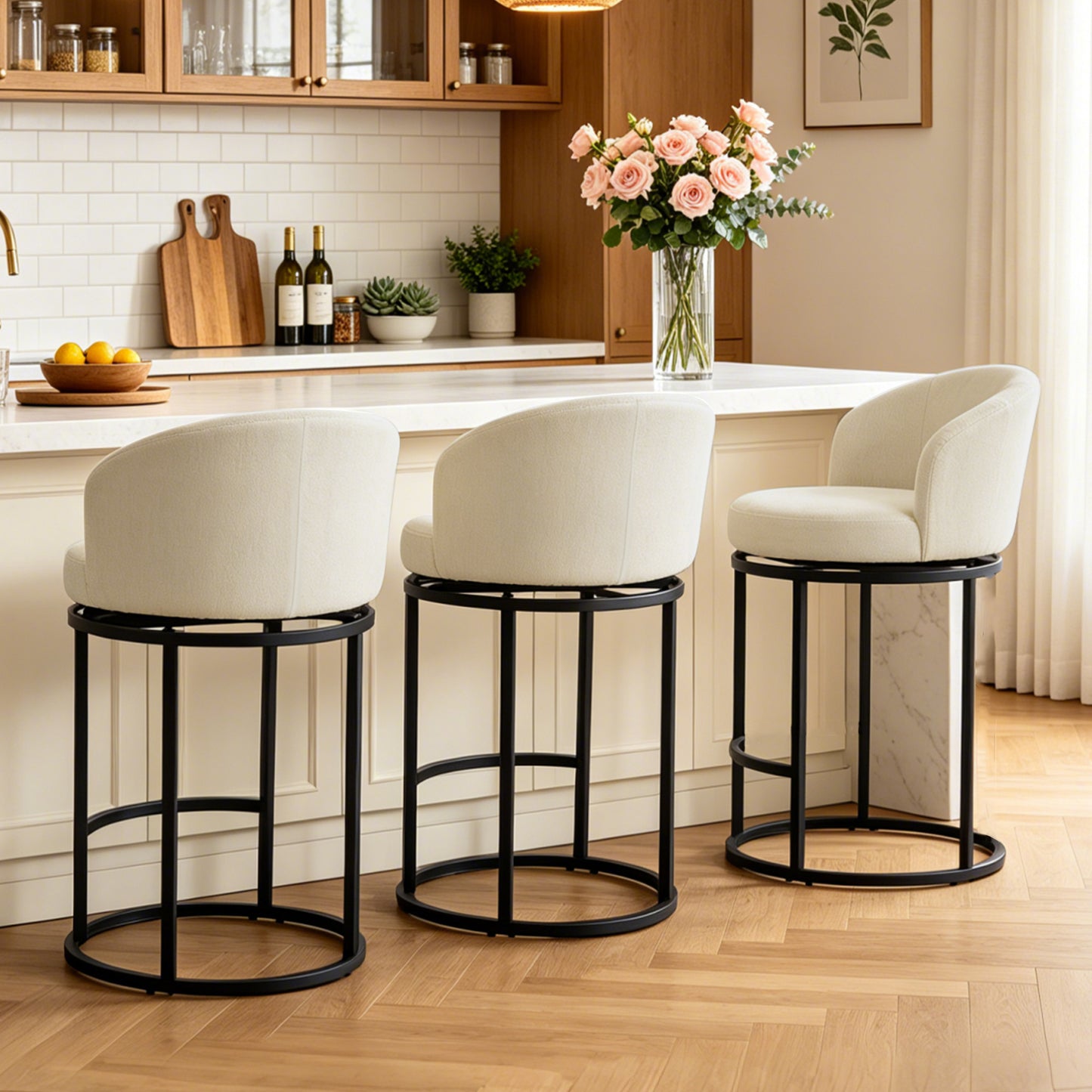 ClinQ Swivel Counter Height Bar Stools , Fabric Upholstered Barrel Bar Chairs with Auto Return, Curved Back and Black Metal Frame