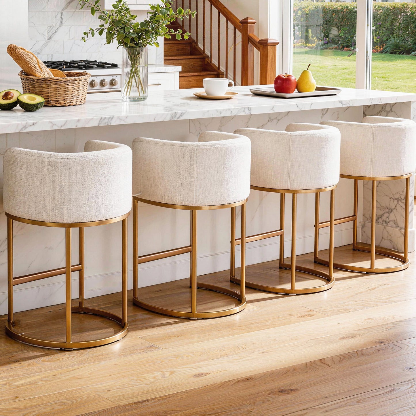 27 in Counter Height Bar Stools, Fabric Upholstered Modern Barrel Accent Stools with Metal Frame